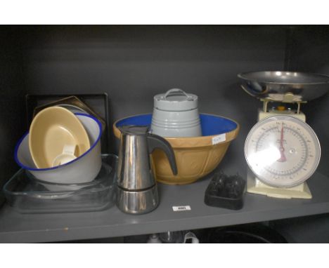 A selection of kitchen items including a large Mason Cash &amp; Co Ltd, baking dish with blue interior, a vintage biscuit tin