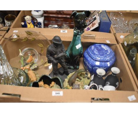 A Ringtons blue and white ceramic tea caddy, an art glass swan, four Border Fine Arts animal studies including Fox RW1 and Ro