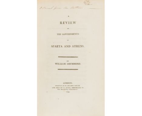 Ancient Greece.- Sparta.- Drummond (Sir William) A review of the governments of Sparta and Athens, first and only edition, pr