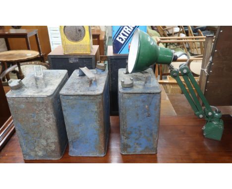 A lot comprising two Shellmex oil cans,a BP motor spirit can and a machinist adjustable lamp (4) Condition Report:Available u