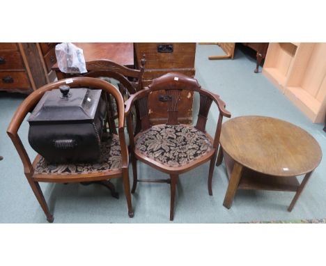 A lot comprising early 20th century mahogany tub chair, another armchair, circular topped occasional table, tapestry fire scr