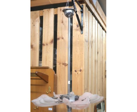 An early 20th century Art Deco ceiling light with chromed central fixture fitted with pink opaque moulded glass shades, 80cm 