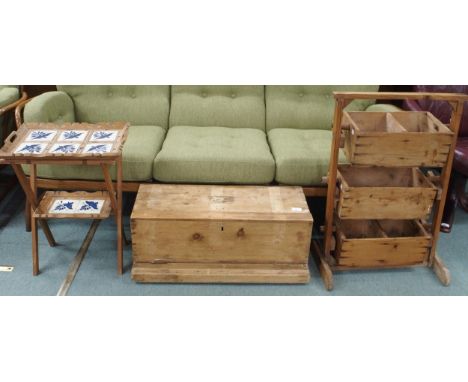 A lot comprising pine shoe tree, two tier tile inset table and a pine chest (3) Condition Report:Available upon request
