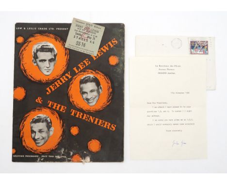A typed letter dated 17th November 1986, signed by Graham Greene; together with a programme and ticket for Jerry Lee Lewis an