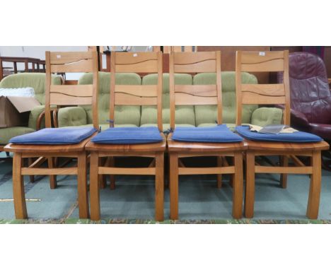 A lot of four contemporary H.J. Berry Lancashire woodlands project chairs with split ladder backs over shaped seats, 99cm hig