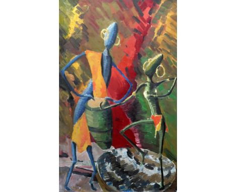 AFRICAN SCHOOL WOMEN PLAYING DJEMBE Oil on board, 53 x 34 cm Together with 2 others&nbsp;(3) Condition Report:Available upon 