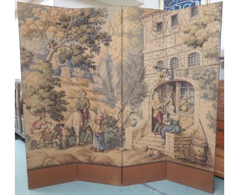 A 20th century tapestry upholstered four fold room divider depicting rural scene, each panel 184cm high x 50cm wide&nbsp; Con