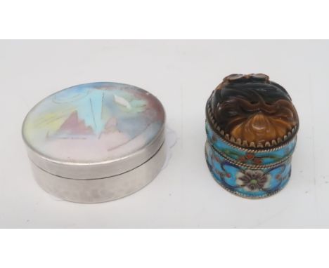 A modern Chinese silver and enamel trinket box,&nbsp; with an abstract pastel design to the lid, marked silver 99 to the base