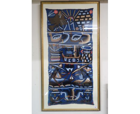 A framed blue ground ethnic wall tapestry Condition Report:Available upon request