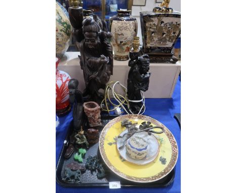 A Chinese carved wood lamp of a sage, another smaller, a Satsuma plate with yellow ground and assorted figures etc Condition 