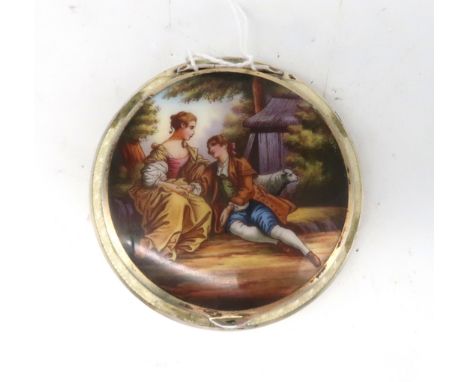 An Austrian silver enamel compact, the lid depicting a courting scene, the reverse with engine turned decoration (enamel stri