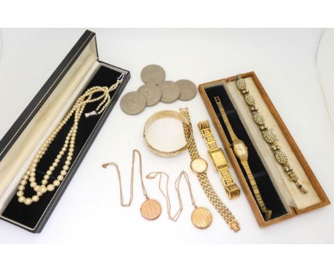 Two 9ct gold vintage lockets, a gold plated silver bangle, a collection of costume jewellery watches and The Queens Silver Ju