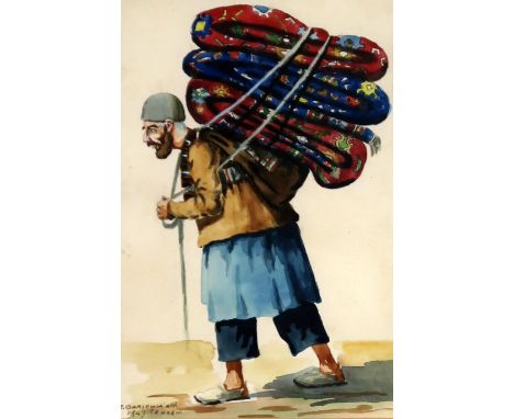 ED BARSEGHIAN (IRANIAN 20th CENTURY) IRANIAN TRAVELLING CARPET SELLER Watercolour, signed lower left, dated 1947, 26 x 18cm C