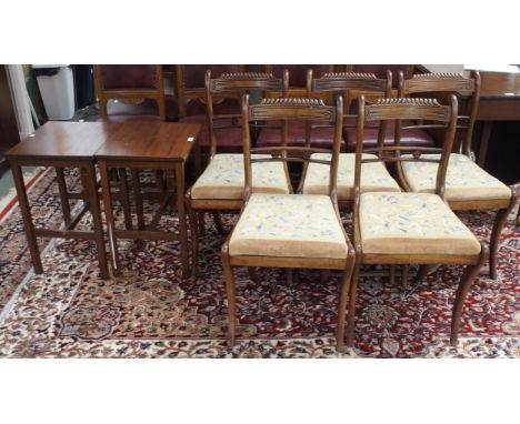 A lot comprising a set of five tapestry seated sabre legged dining chairs and a pair of mahogany occasional tables (7) Condit