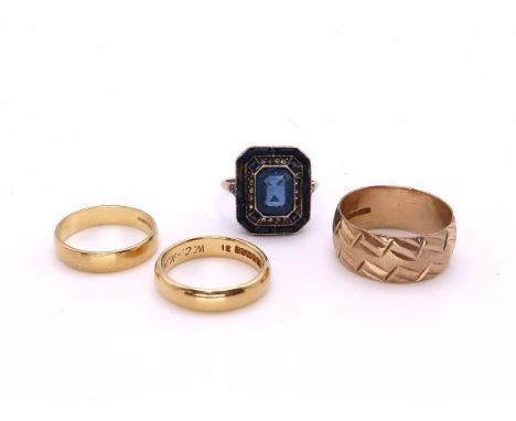 Two 18ct gold wedding bands, sizes L and L1/2 weight 6.9gms, together with a 9ct gold wide wedding band size R, weight 5.3gms