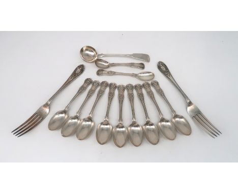 A set of Victorian double struck fancy back Queens pattern tea spoons, by Emmanuel Brothers, London 1858, a Kings pattern sal