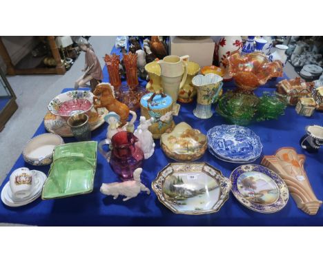 A large collection of decorative ceramics and glass including Maling dish, Carter Stabler Adams dish, cranberry glass jug, Be