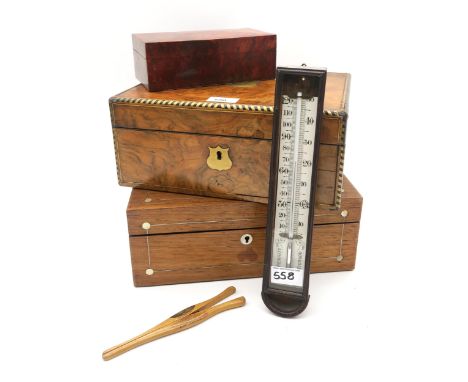 A brass-mounted burr walnut stationary box measuring approx. 30cm wide x 23cm deep x 13cm high), together with another simila