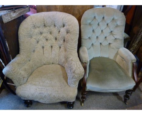 A 19th Century Mahogany Button Upholstered Drawing Room Armchair, together with another similar tub shaped chair