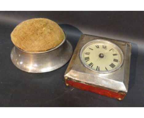 A Birmingham Silver Large Pin Cushion of circular form, together with a silver cased clock