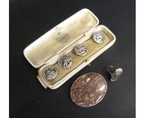 A Set of Four Silver Buttons of pierced form together with a Scottish oval stone set brooch and a dress ring