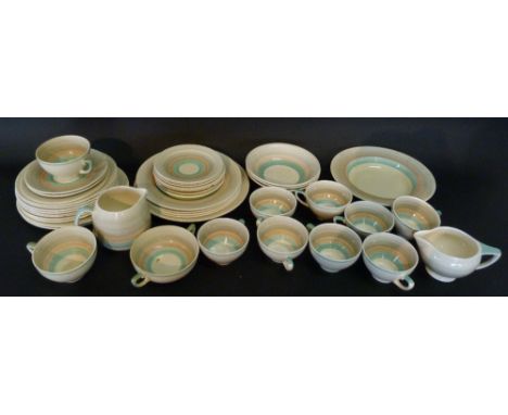 A Susie Cooper Part Tea Service comprising cups, saucers and jugs and decorated with coloured banding 