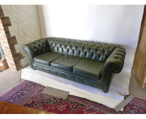 A Green Leather and Button Upholstered Chesterfield Sofa, 220 cms long 