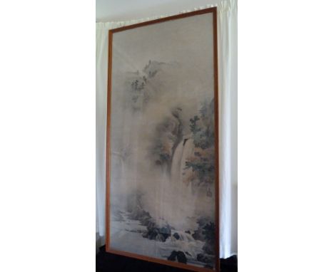 A Late 19th Early 20th Century Chinese Watercolour, depicting a waterfall, signed with a seal mark, 127 x 58 cms