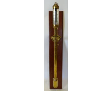 A Brass Marine Stick Barometer by R N Desterro, Lisbon mounted upon a rectangular mahogany wall plate, 93 cms long