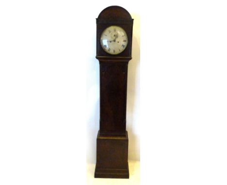 An Early 19th Century Mahogany Long Case Clock, the arched hood above a similar door with conforming plinth base, the painted