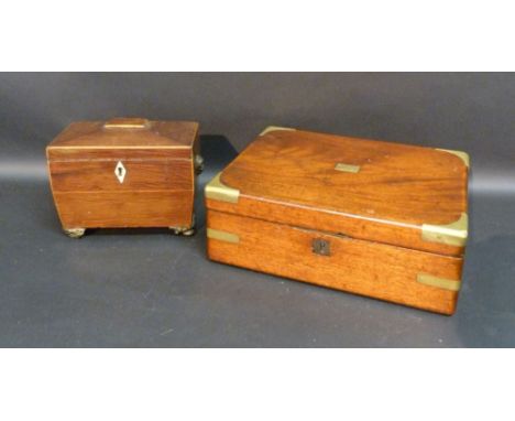 A 19th Century Mahogany Brass Bound Fold Over Writing Box, together with a 19th Century rosewood tea caddy