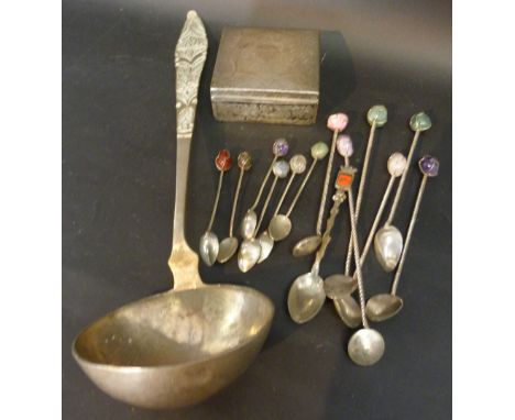 A London Silver Cigarette Box of Square Form, together with a collection of continental spoons and a large ladle