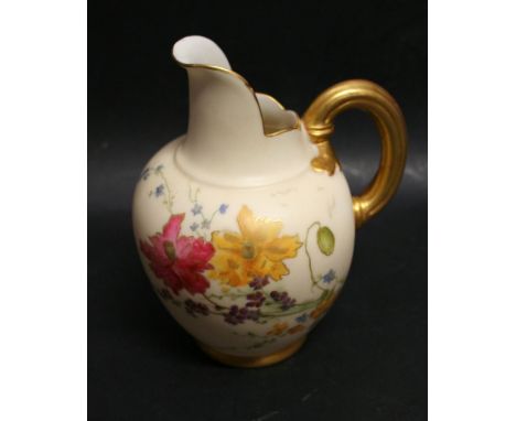 A Royal Worcester Blush Ivory Jug Vase, hand painted with summer flowers and highlighted with gilt, 13.5 cms tall