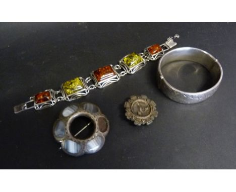A Silver and Enamel Panel Bracelet together with a silver bangle and two brooches