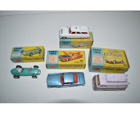 Corgi Toys, to include: a Formula One Grand Prix racing car, 152S, light blue; a Ford Zephyr motorway patrol, 419; a Ford Tha