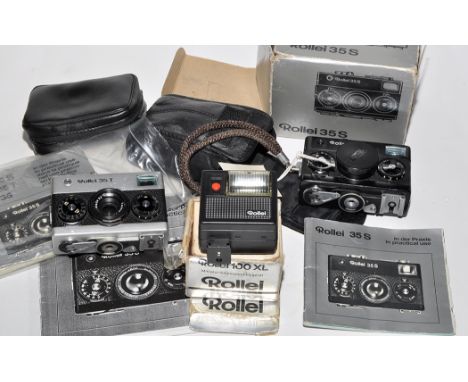 A Rollei 35S compact camera (black) with pouch case and original box; a Rollei 35T compact 35mm camera (chrome) in pouch case
