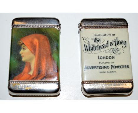 Two plated advertising vesta's for the Whitehead & Hoag Co., London, makers of advertising novelties, each depicting a female