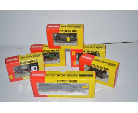 A quantity of Fleischmann model train locomotives, all boxed.