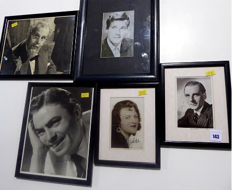 A selection of signed photographs, of: John Gielgud; Gracie Fields; Roger Moore; Robert Morley and James Mason.  (5)