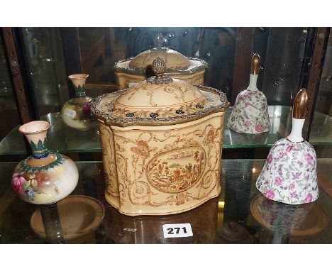 Royal Worcester bottle vase (4"), c. 1907, Continental ironstone china shaped biscuit jar and cover and a china bell