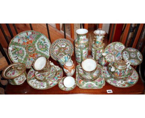 Large collection of Chinese Canton porcelain items, plated vases, cups and saucers, etc. (one shelf)