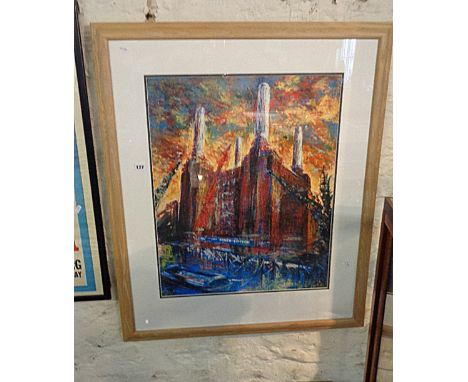 Large impressionistic vibrant colour lithograph of Battersea Power Station, Limited Edition by Tabitha Salmon, b. 1955