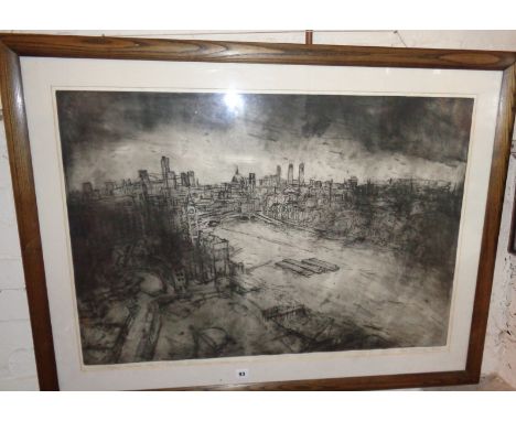 Large monochrome etching of the River Thames by Piers Goodman (XX) titled "Thames Townscape from Kent House" 9/25, signed in 