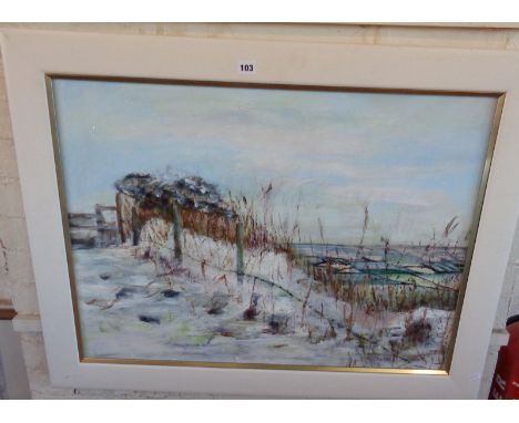 Contemporary acrylic on canvas of Tregonning Hill overlooking Mounts Bay, Cornwall in snow by Rachel Jeffrey ex Newlyn &amp; 