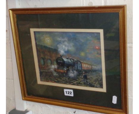 Peter W.G. Coombs (b. 1900) pastel painting of a railway scene with engine and carriages at dusk