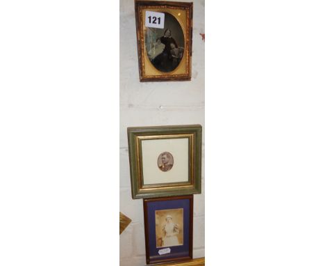 Victorian tin type photograph of a mother and children, a 1920's photo portrait of a flapper in a faux silk plastic frame and
