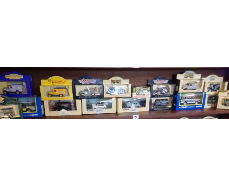 Long shelf of modern diecast Corgi &amp; Lledo vehicles (boxed)