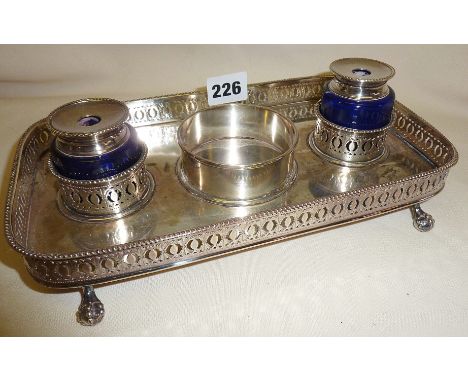 Silver plated desk inkwell stand with blue glass inkwells and galleried rim