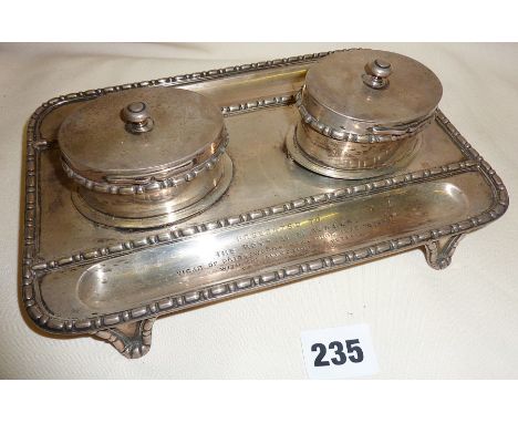Silver inkwell and pen tray hallmarked for London 1892 with inscription. Approx weight (without glass liners) 19 troy oz.