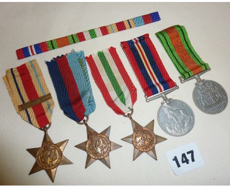 WW2 medals - 1939-45 Star, Africa Star with 1st Army bar, Italian Star, Defence medal and Victory medal, believed to be award